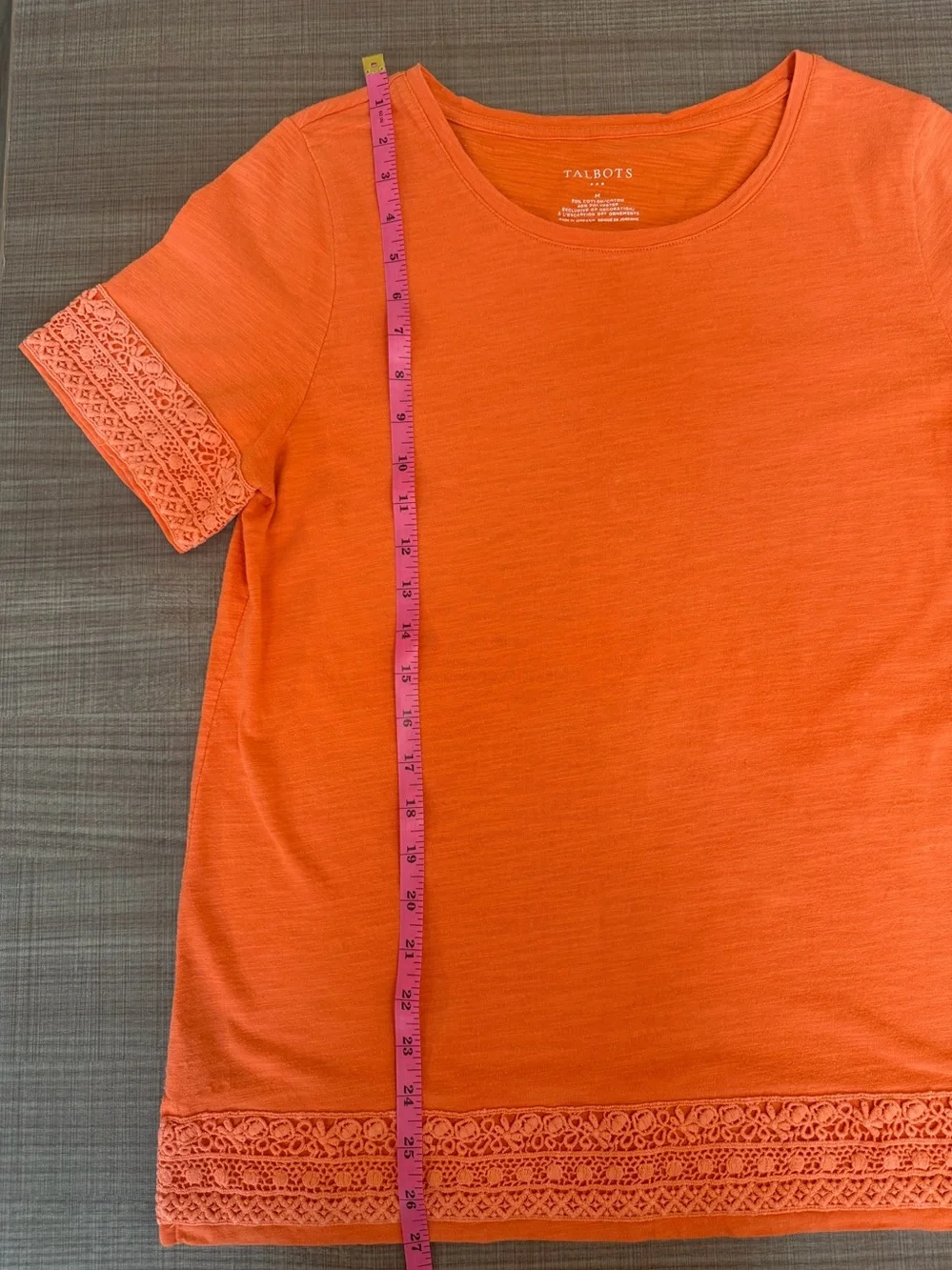Talbots Orange Short-Sleeve Top with Crochet Trim Size M